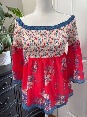 Flying Tomato Red Floral Off-Shoulder Peasant Top with Blue Trim